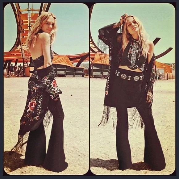LONG LENGTH High Waisted Black Bell Bottom Pants Boho Hippie Rocker Flares Pants - Picture 2 of 8
